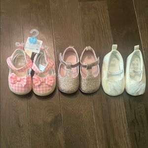 Three Pairs Baby Shoes Lot - Pink Gingham, Pink Glitter, White